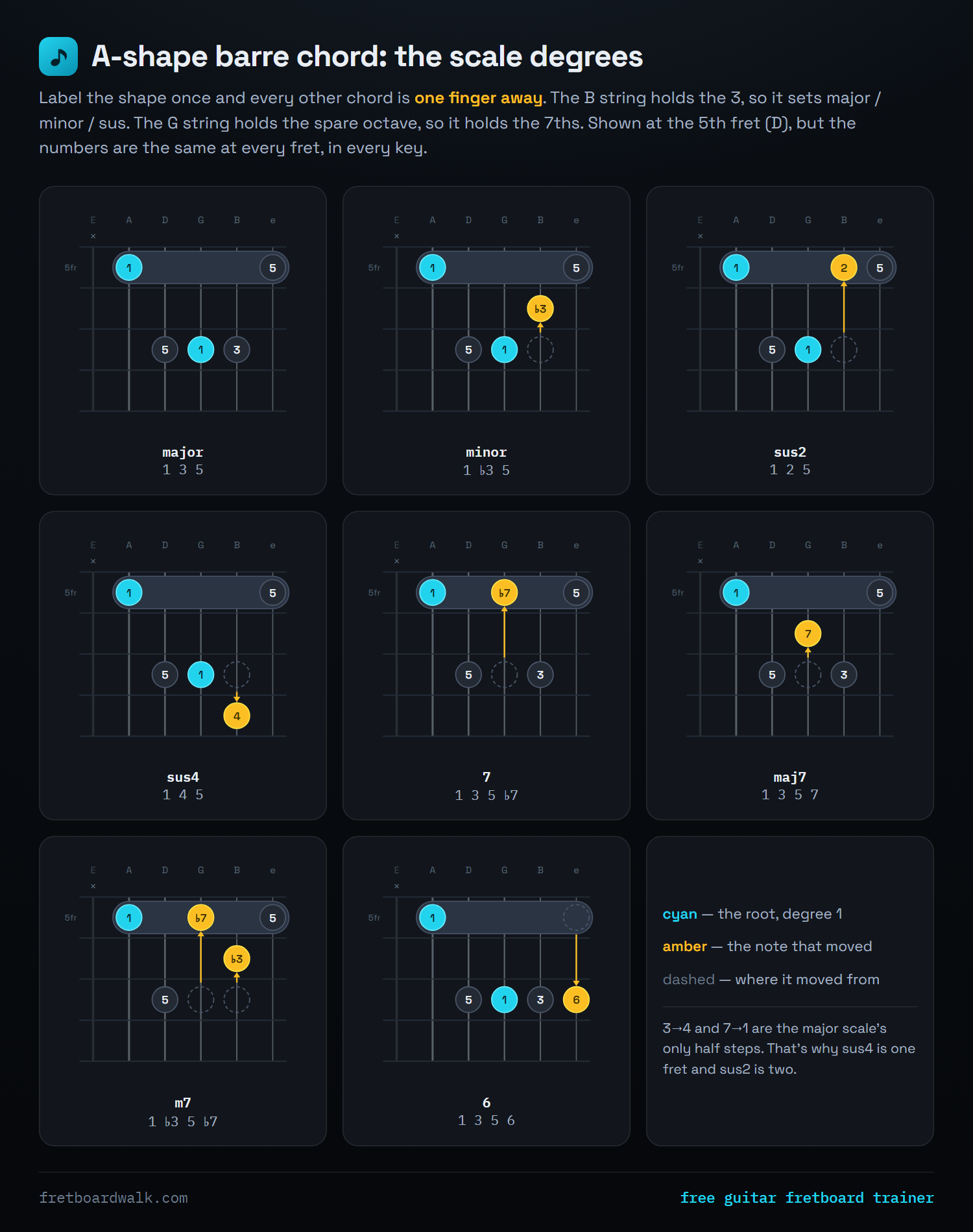 A-shape barre chord chart labelled with scale degrees, showing major, minor, sus2, sus4, 7, maj7, m7 and 6 — each one a single finger moved from the major shape.